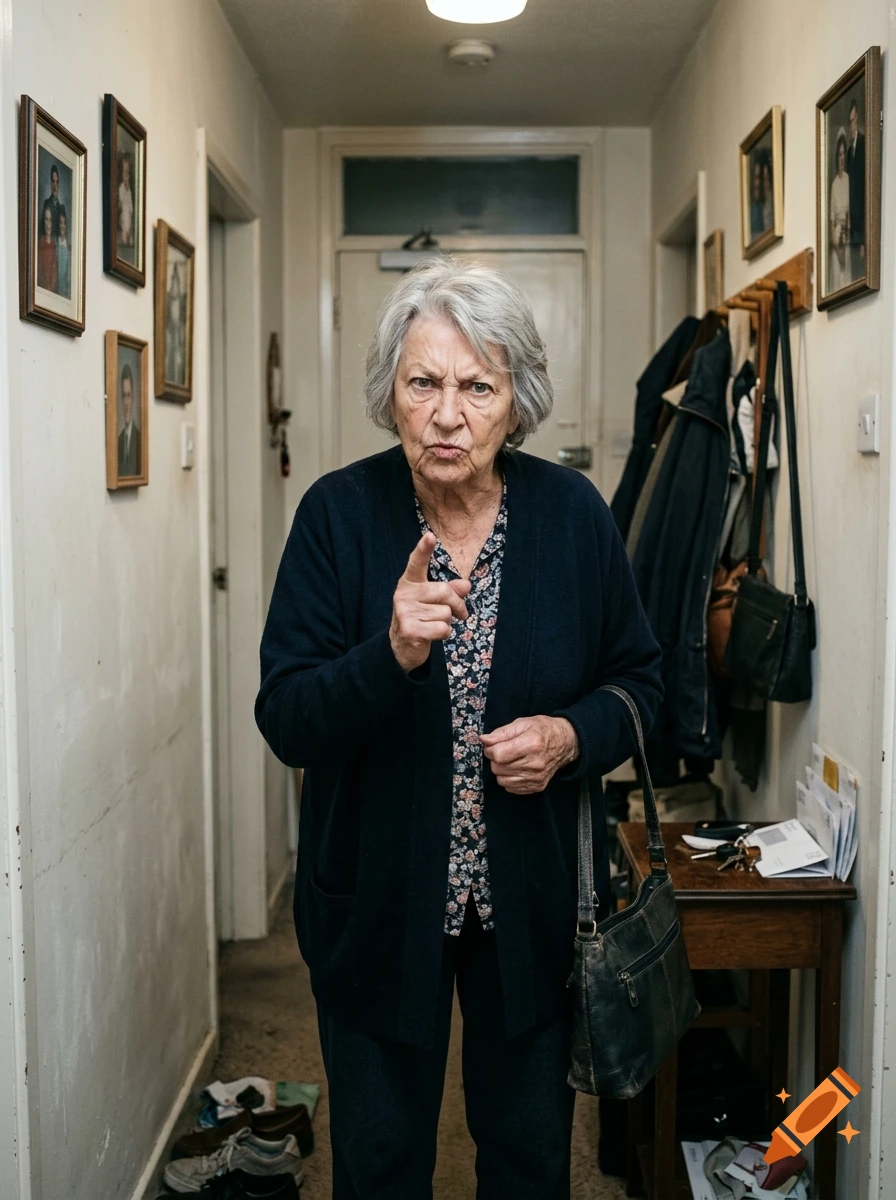 Photorealistic image of an elderly woman pointing angrily at the camera in a narrow hallway.