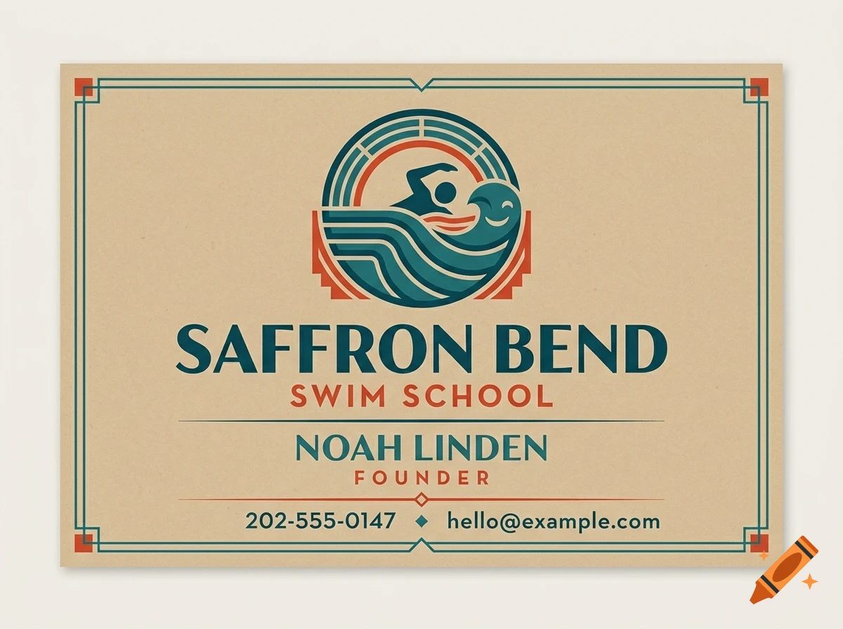 A business card design for Saffron Bend Swim School featuring a swimmer and wave logo above the text SAFFRON BEND SWIM SCHOOL, NOAH LINDEN FOUNDER, phone number, and email.
