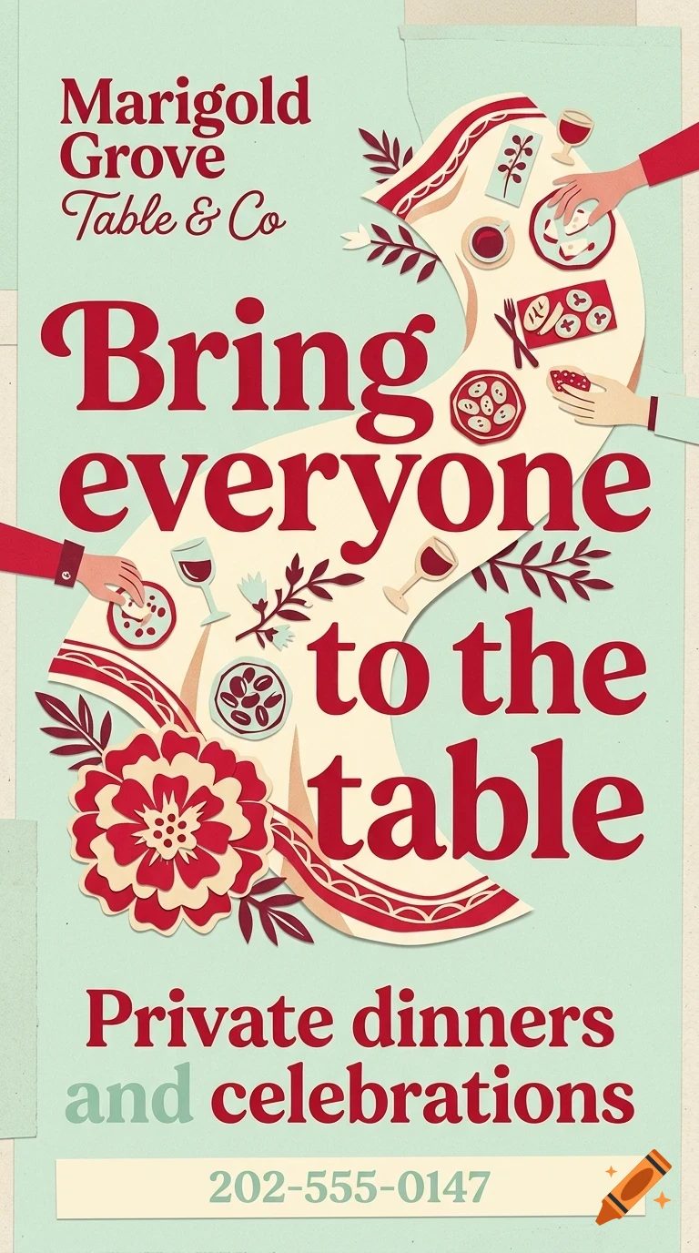 An illustrated poster for Marigold Grove Table & Co featuring a long table runner, food, and the text Bring everyone to the table.