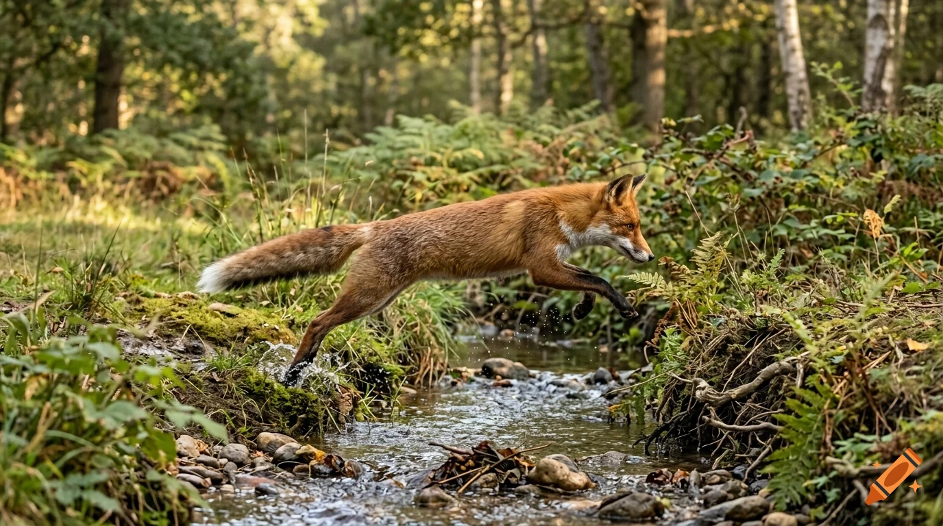 A red fox mid-air as it leaps across a small forest stream.