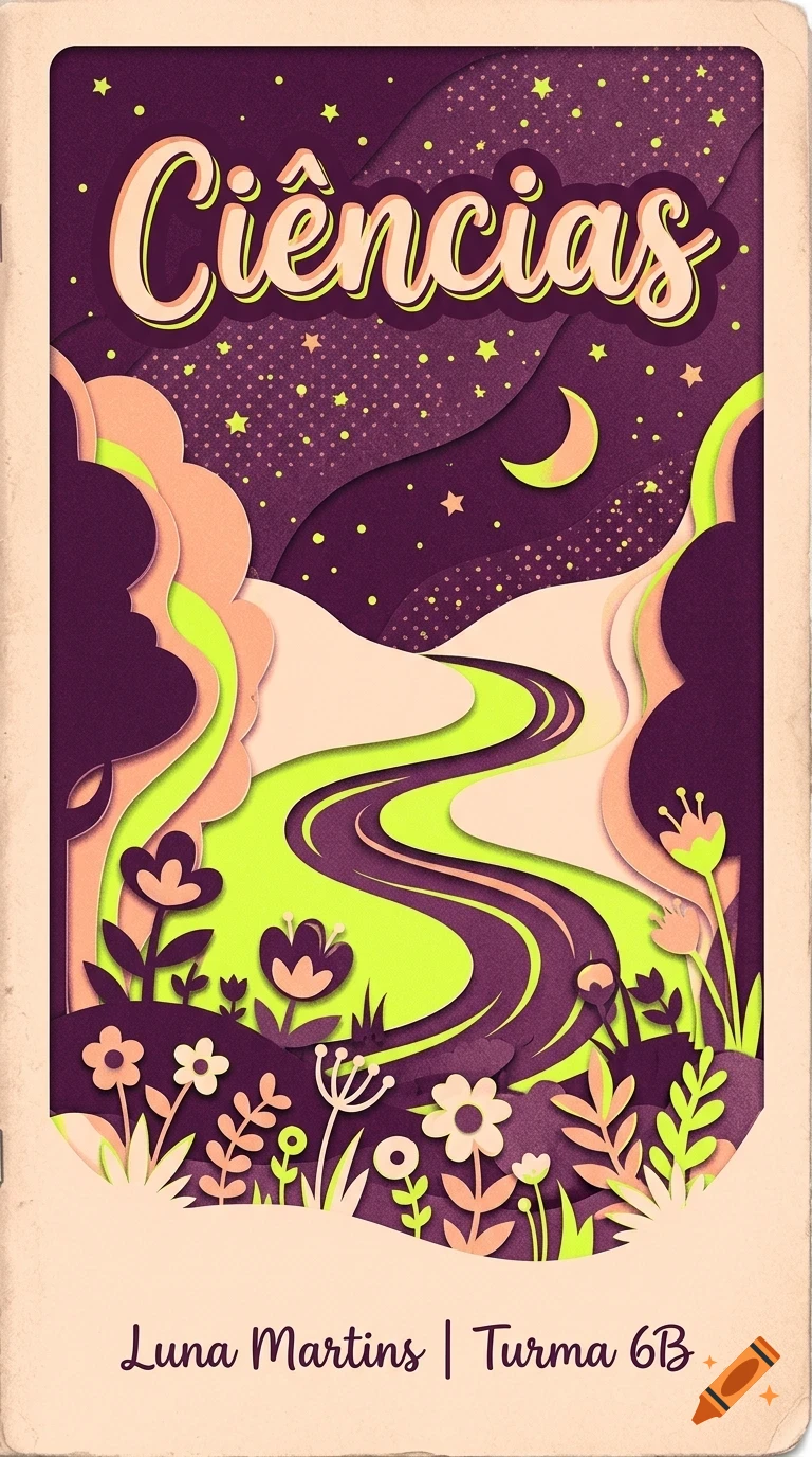 A stylized paper-craft illustration of a nighttime landscape with a winding bright path, flowers, trees, stars, and a crescent moon, featuring the Portuguese text 'Ciências' and 'Luna Martins | Turma 6B'.