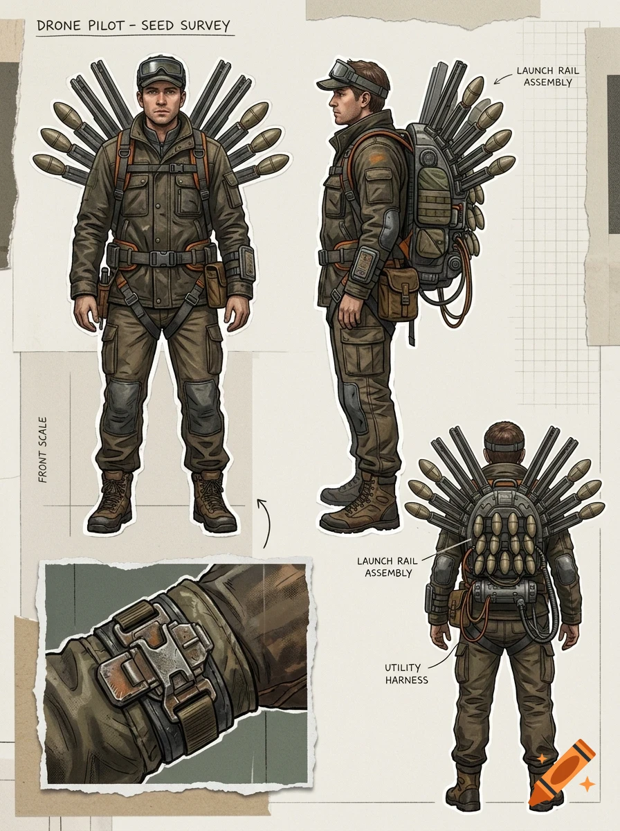 Character design sheet of a drone pilot with a launch rail assembly backpack, showing front, side, and rear views along with a wrist detail.