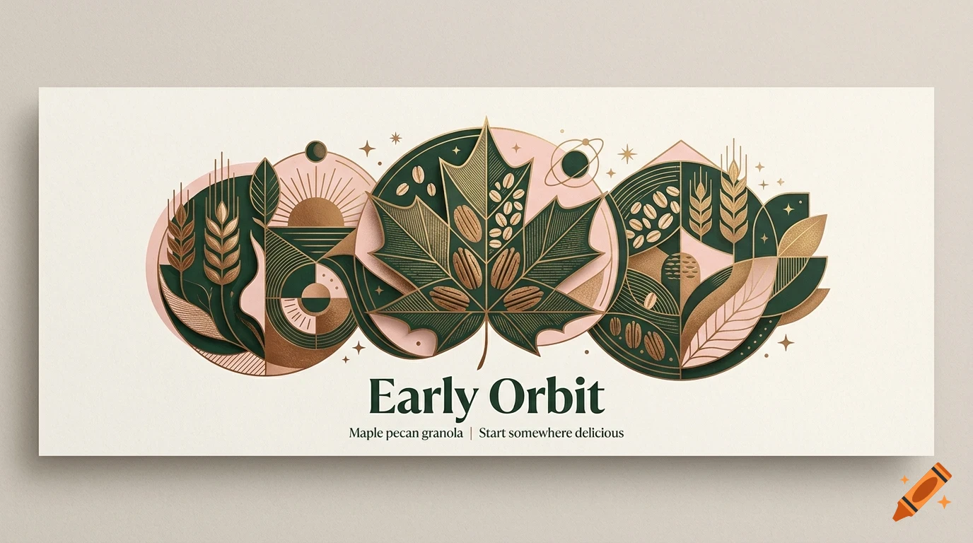 An artistic label design featuring a central maple leaf with nuts, flanked by circular geometric motifs of wheat, sun, and plants, with text below reading Early Orbit.