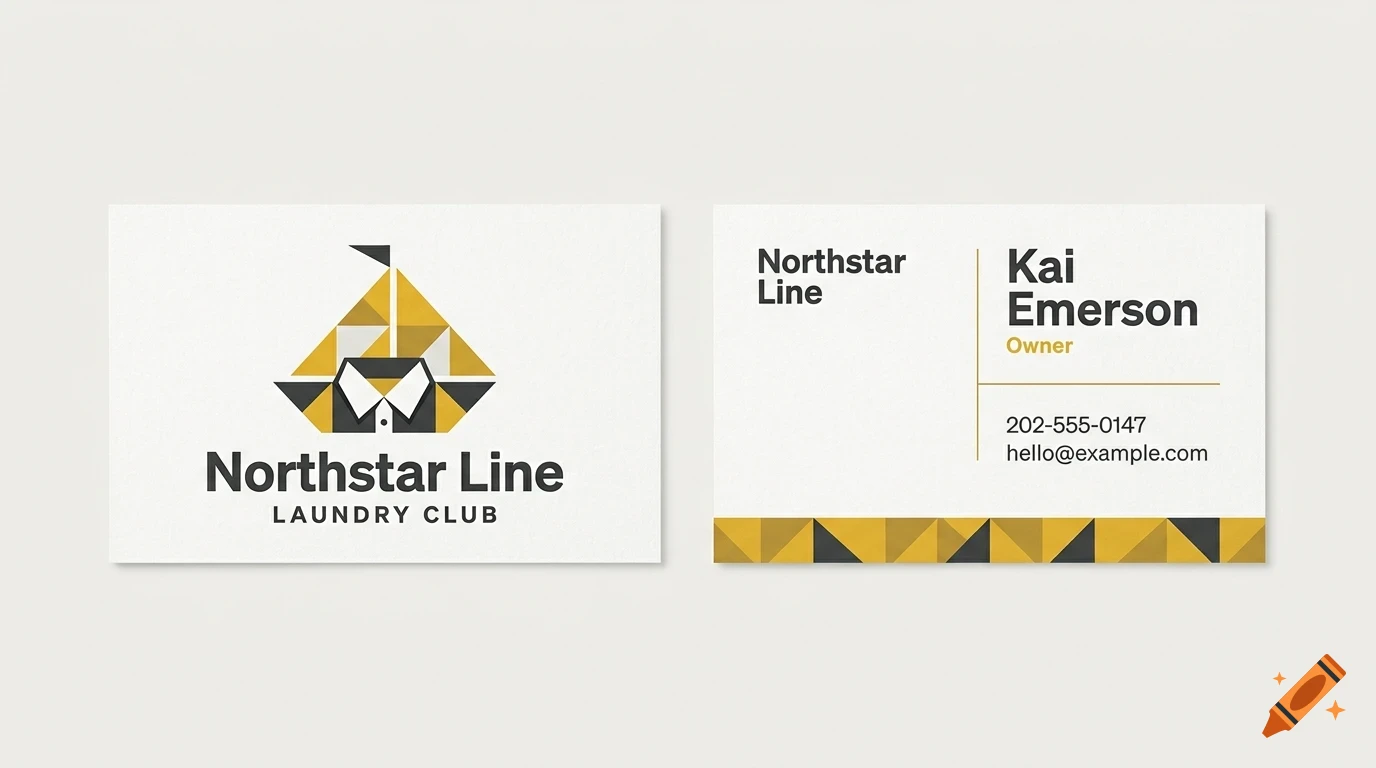 Two business cards showing a logo of a sailboat made from a shirt and geometric patterns, with text Northstar Line Laundry Club and contact details.