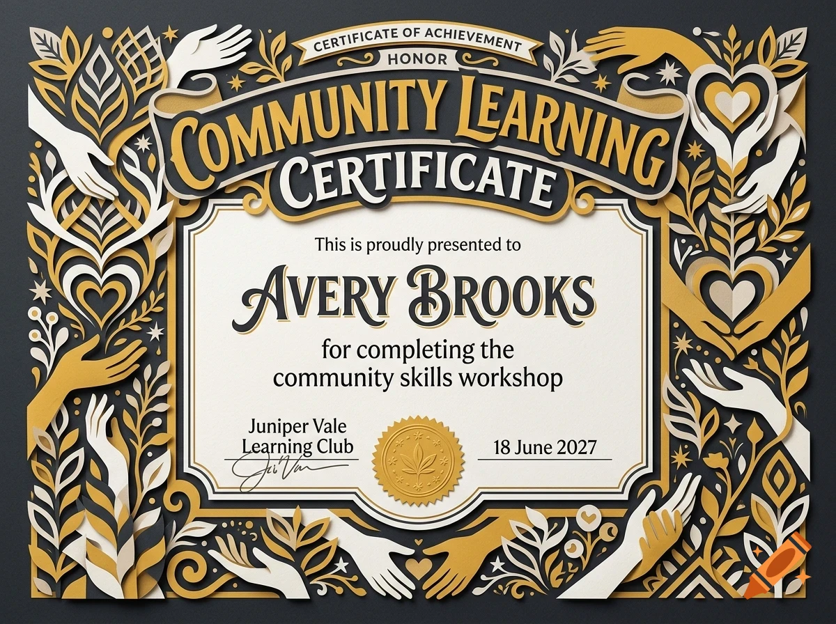 An ornate certificate with the text 'Community Learning Certificate' framed by layered paper-cut style illustrations of hands, leaves, and hearts.