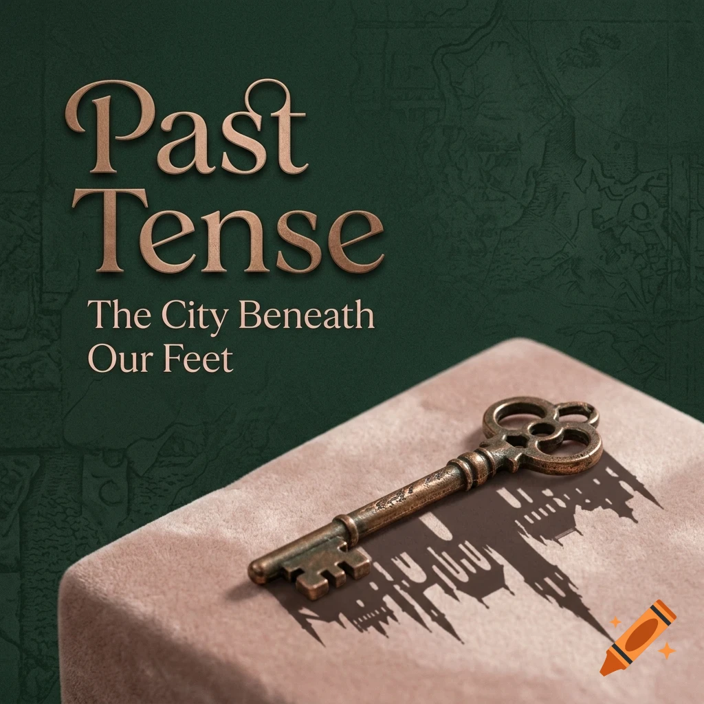 An antique bronze key rests on a pinkish surface, casting a city skyline shadow, with the text 'Past Tense The City Beneath Our Feet' on a green background.