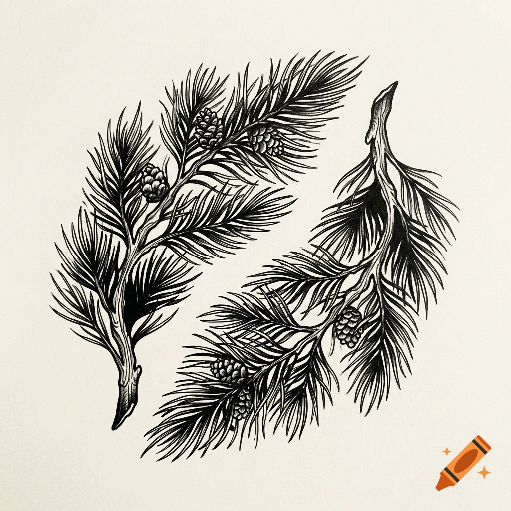 Black and white ink drawing of two pine tree branches with needles and small pinecones on a light background.