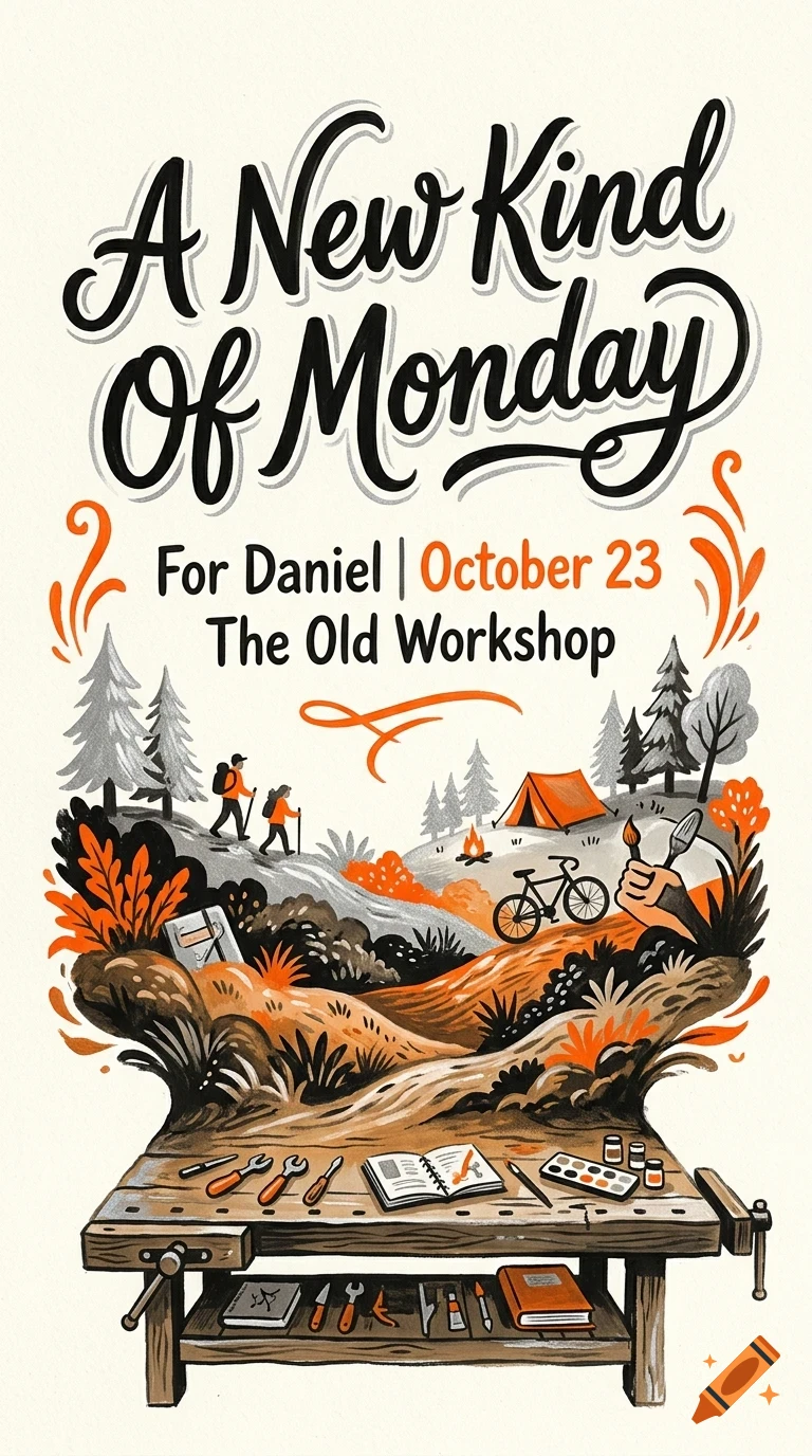 An illustrated poster featuring a wooden workbench at the bottom, opening up into a landscape with hikers, a tent, and a bicycle, topped with lettering saying A New Kind Of Monday.
