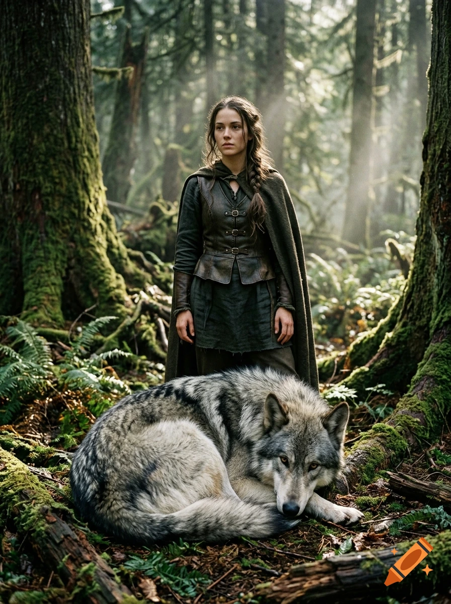 A slender young woman in a fantasy cloak standing in a mossy forest with a wolf coiled at her feet, photorealistic.
