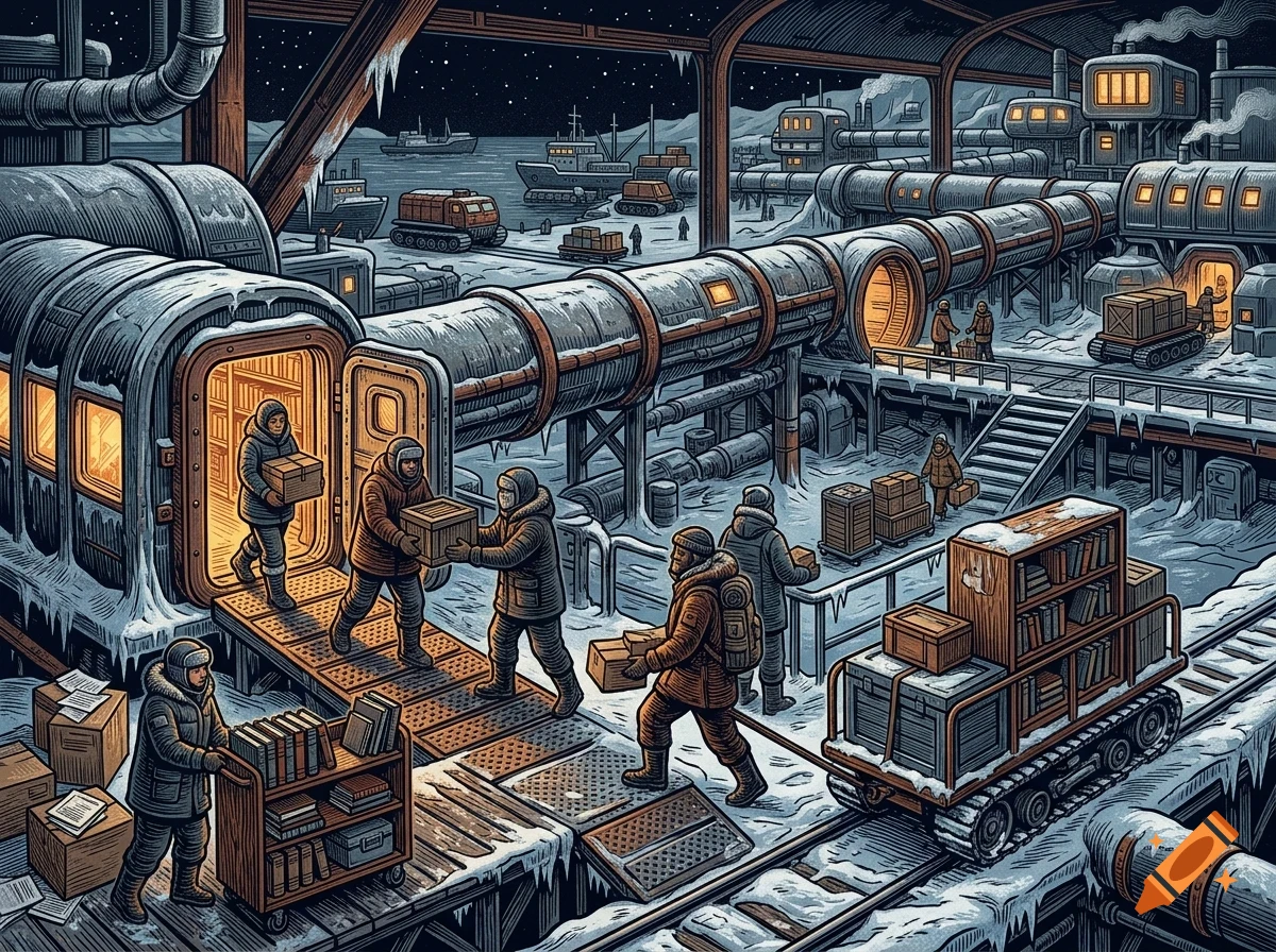 An illustration of workers in heavy winter gear loading and transporting crates and books at a snowy industrial Arctic base with pipelines.