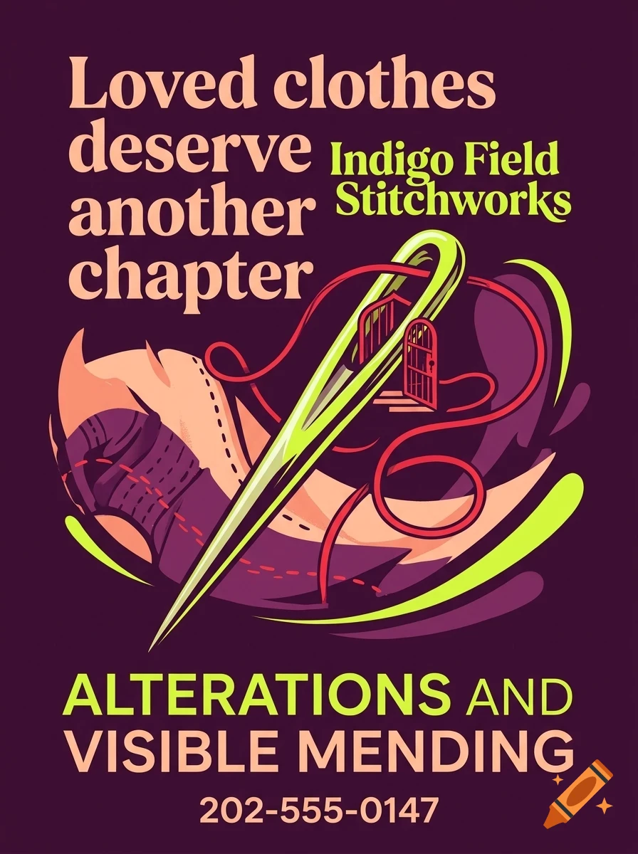 A poster featuring a large sewing needle, red thread, and the text 'Loved clothes deserve another chapter', 'Indigo Field Stitchworks', and 'Alterations and visible mending'.