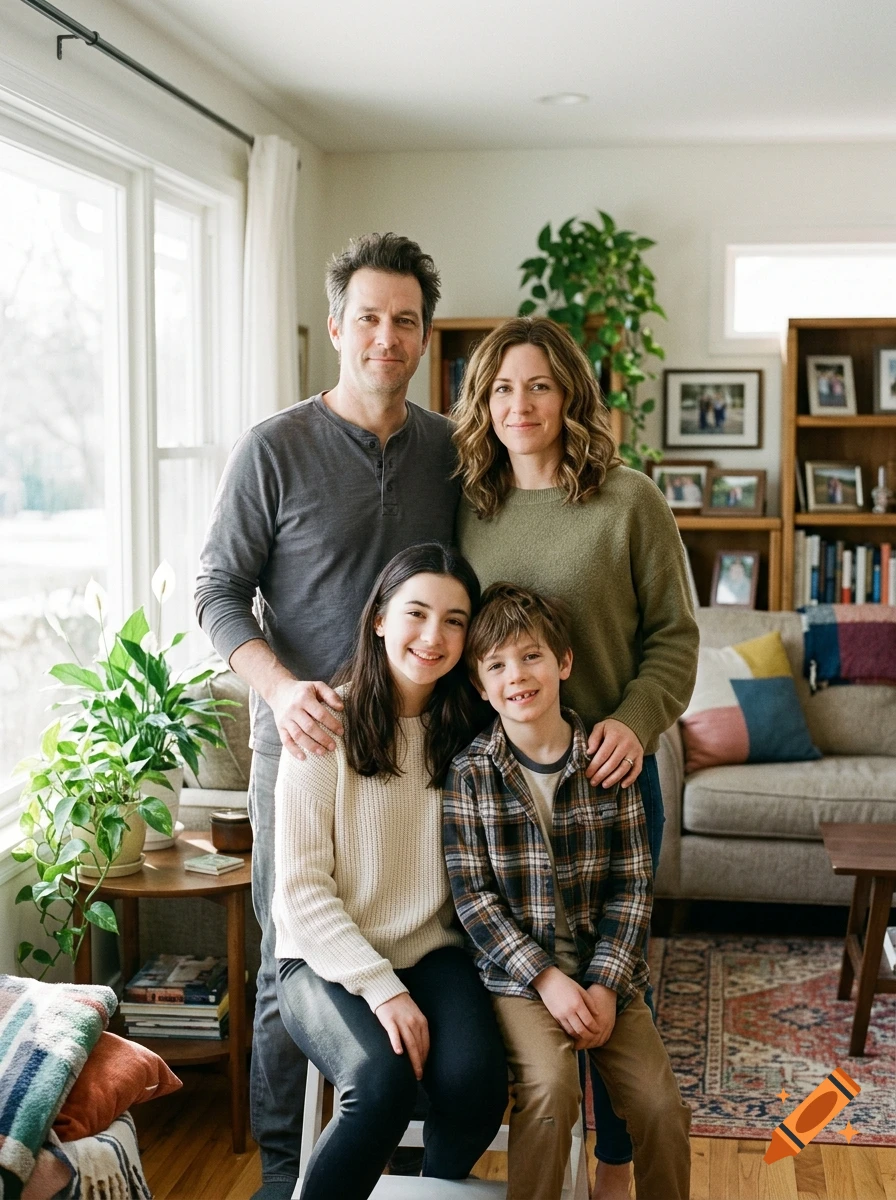 Photorealistic indoor portrait of a smiling family of four posing together in a living room.
