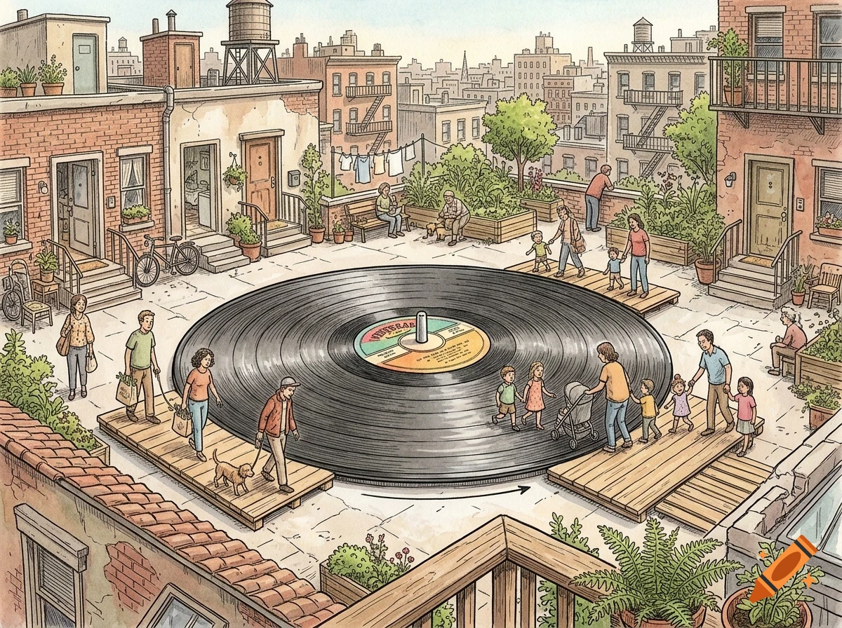 An illustrated birds-eye view of a rooftop courtyard where a giant vinyl record sits in the center, surrounded by people walking on wooden boardwalks.