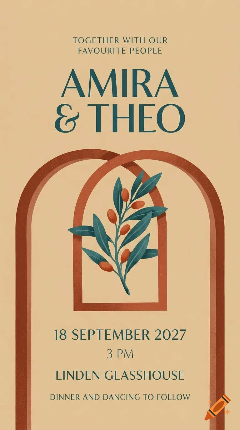 An elegant wedding invitation design with arched frames, foliage illustration, and modern typography.