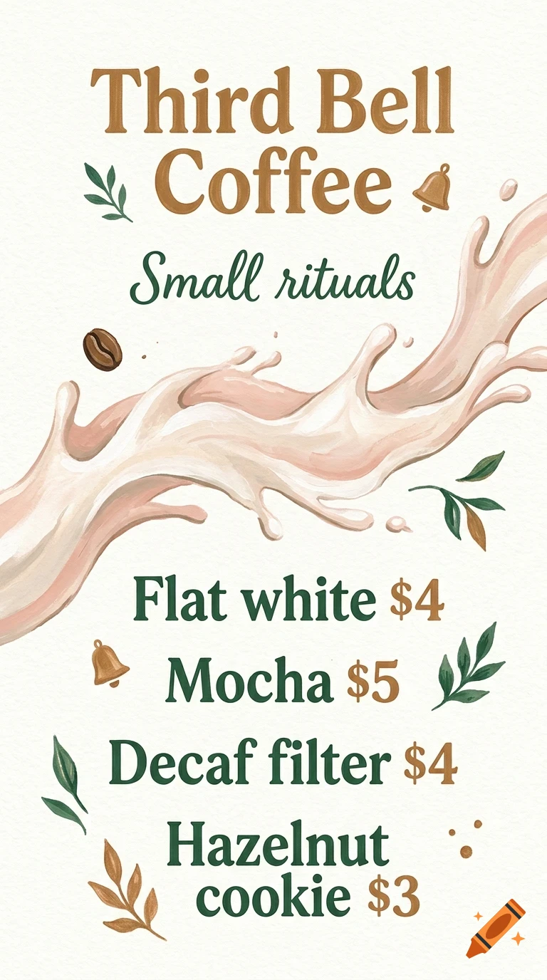 A coffee shop menu sign titled Third Bell Coffee with splashing liquid, coffee beans, leaf accents, and prices listed for drinks and snacks.