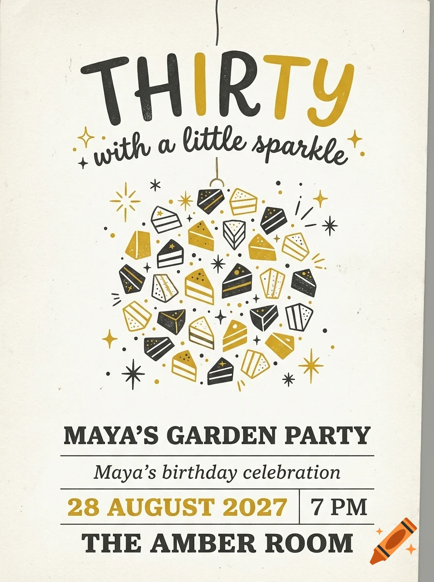 An invitation design with text THIRTY with a little sparkle, a hanging globe made of cake slices, and details for Maya's Garden Party.