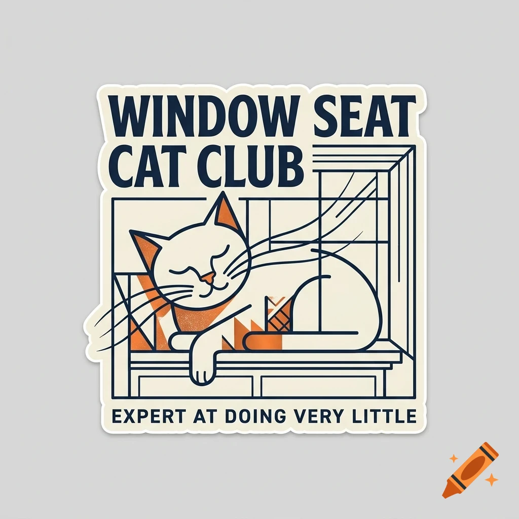 An illustrated sticker featuring a cat sleeping on a window seat with the text Window Seat Cat Club and Expert at doing very little.