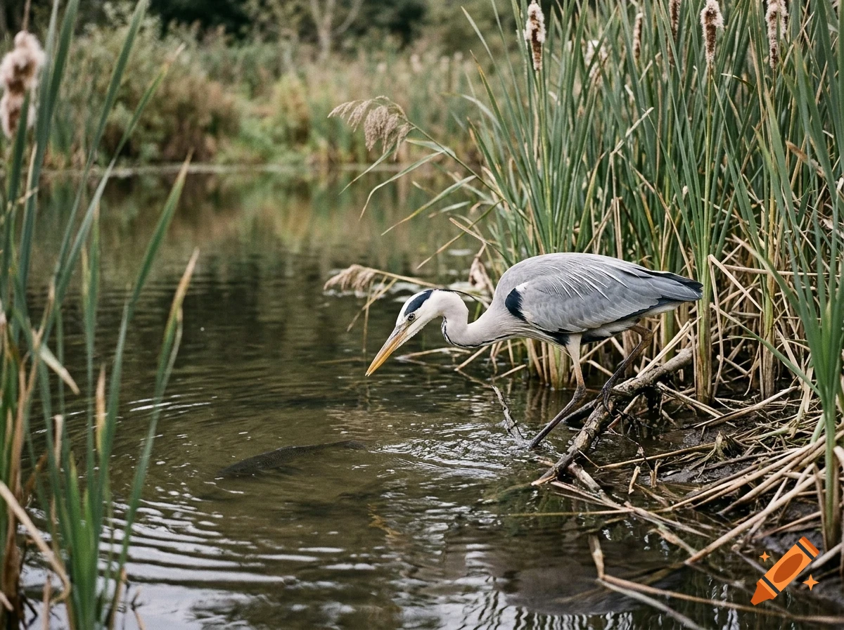 A grey heron stands by the edge of a calm pond surrounded by tall reeds and grasses, looking down at the water.