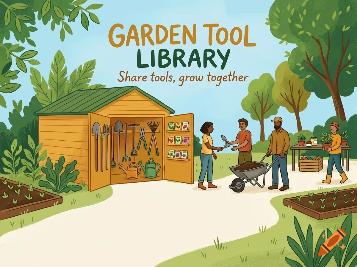 Illustration of a community garden tool library with people sharing tools, a shed, and raised garden beds.