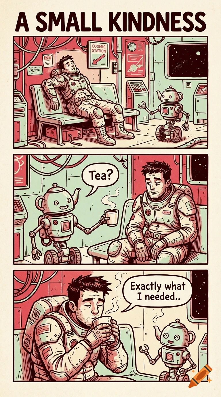 A three-panel comic strip titled A SMALL KINDNESS showing an astronaut waking up on a bench in a spaceship interior as a friendly robot brings him a cup of hot tea.