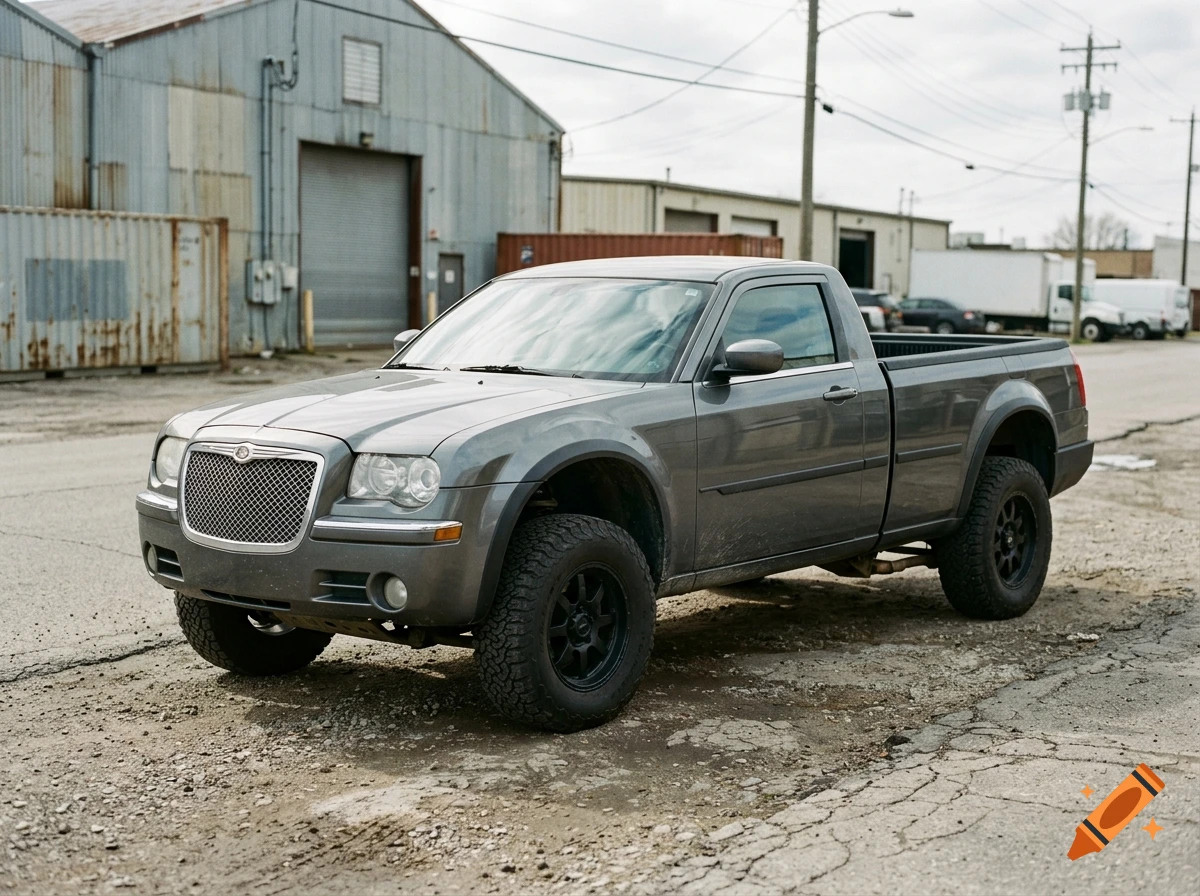 Photorealistic image of a custom grey Chrysler 300C pickup truck parked on an industrial street.