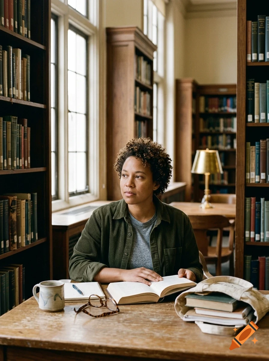 A person with short curly hair sits at a wooden table in a library, reading an open book with bookshelves in the background.