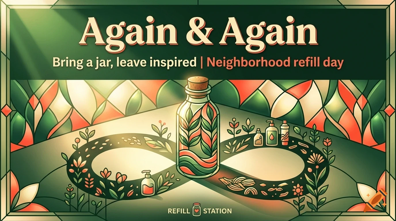 An illustration with text 'Again & Again' and 'Bring a jar, leave inspired | Neighborhood refill day', featuring a glass jar and infinity path design in stained glass style.