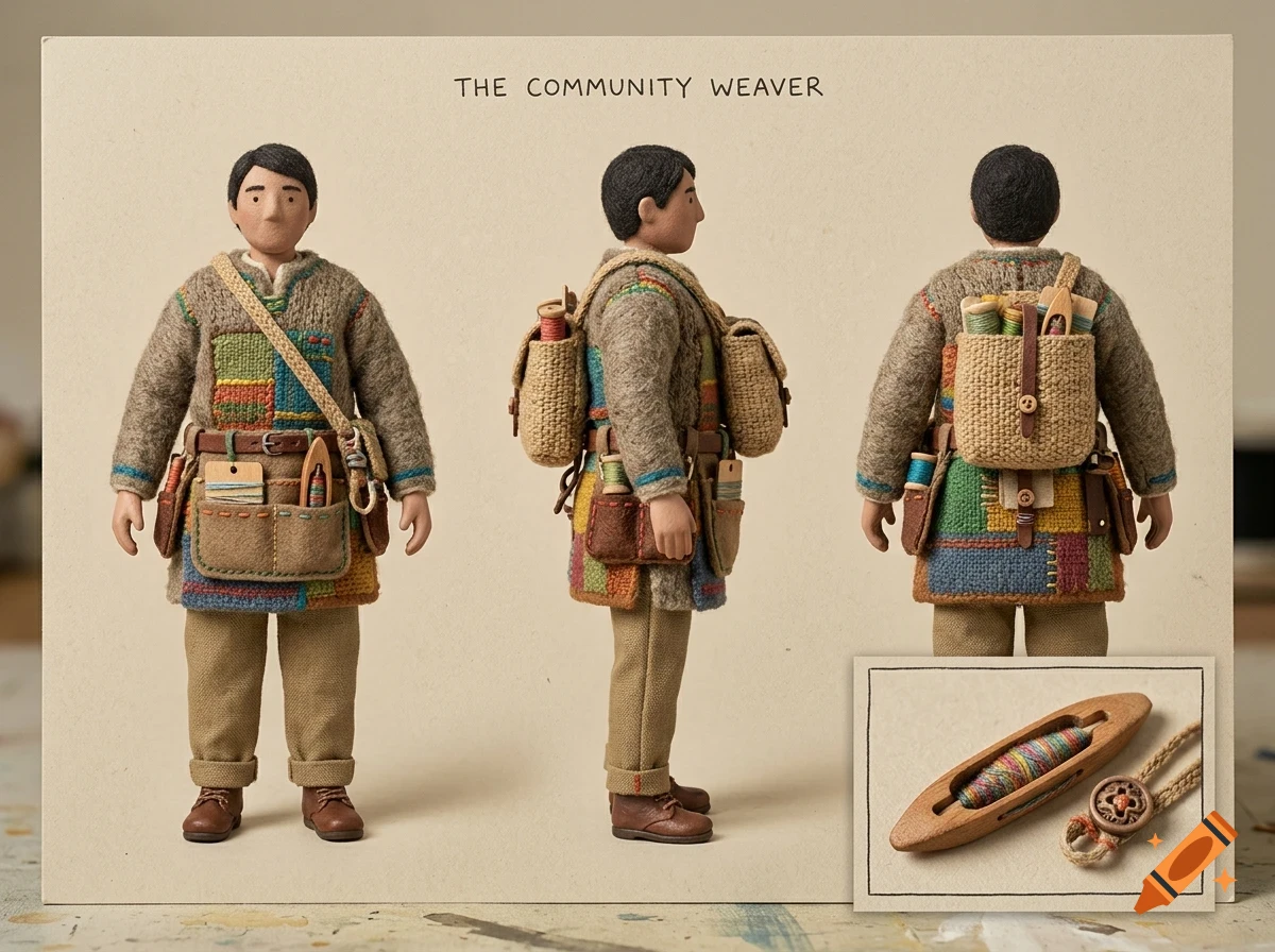 Three-angle character model sheet of a crafted doll titled THE COMMUNITY WEAVER, wearing a patterned tunic, utility belt, and backpack, with an inset showing a wooden shuttle.