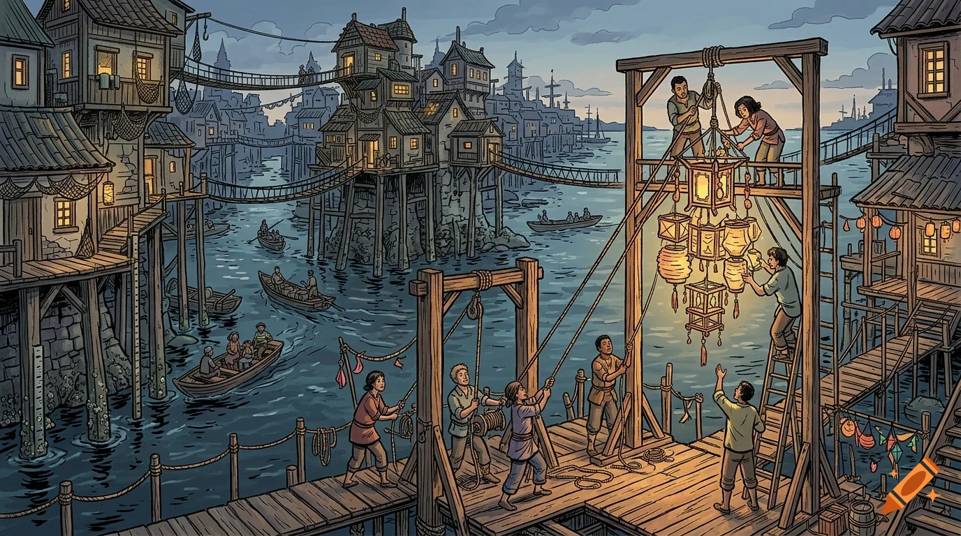 Illustration of people on wooden docks and boats raising large glowing lanterns in a stilt village over water.