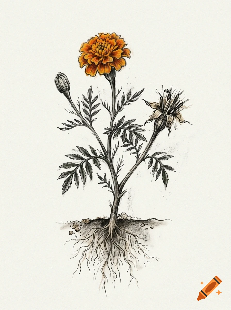 Botanical ink and watercolor illustration of a marigold plant with an orange flower, roots, leaves, bud, and seed head.