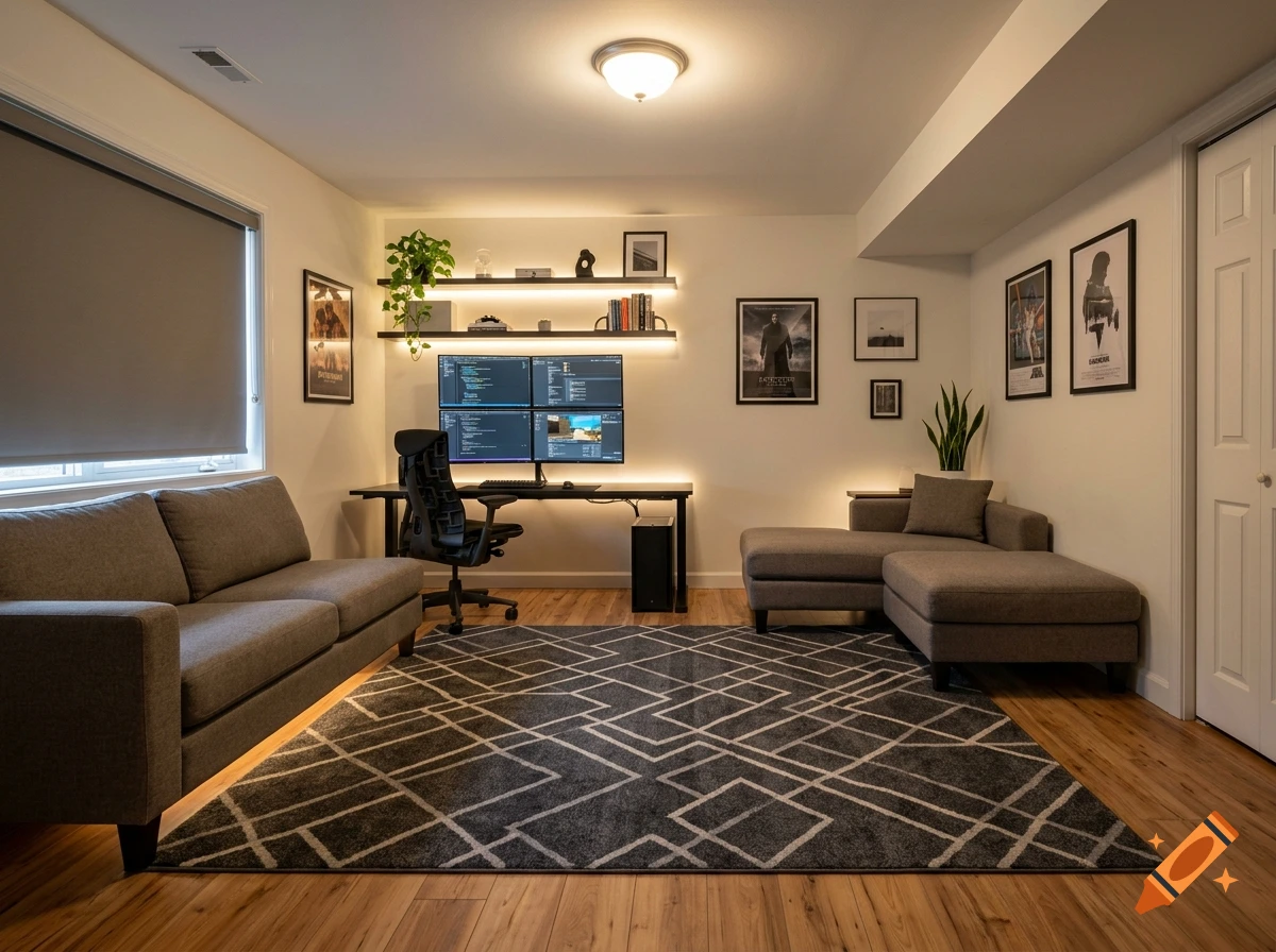 Photorealistic modern basement gaming office lounge with a 4-monitor setup, grey sectional couch, and geometric rug.