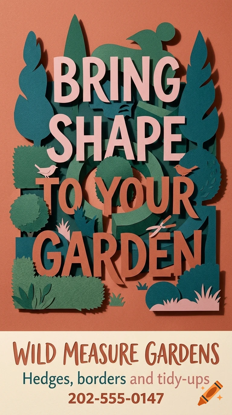 A layered papercraft poster with text reading 'BRING SHAPE TO YOUR GARDEN' over abstract trees, birds, and landscaping elements.