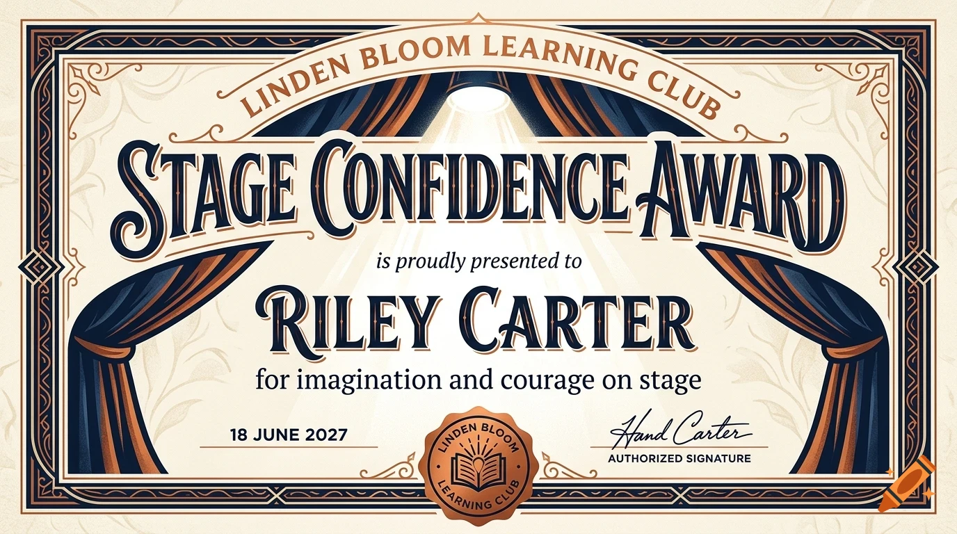 An ornate certificate titled Stage Confidence Award featuring vintage lettering and theatrical curtain artwork.