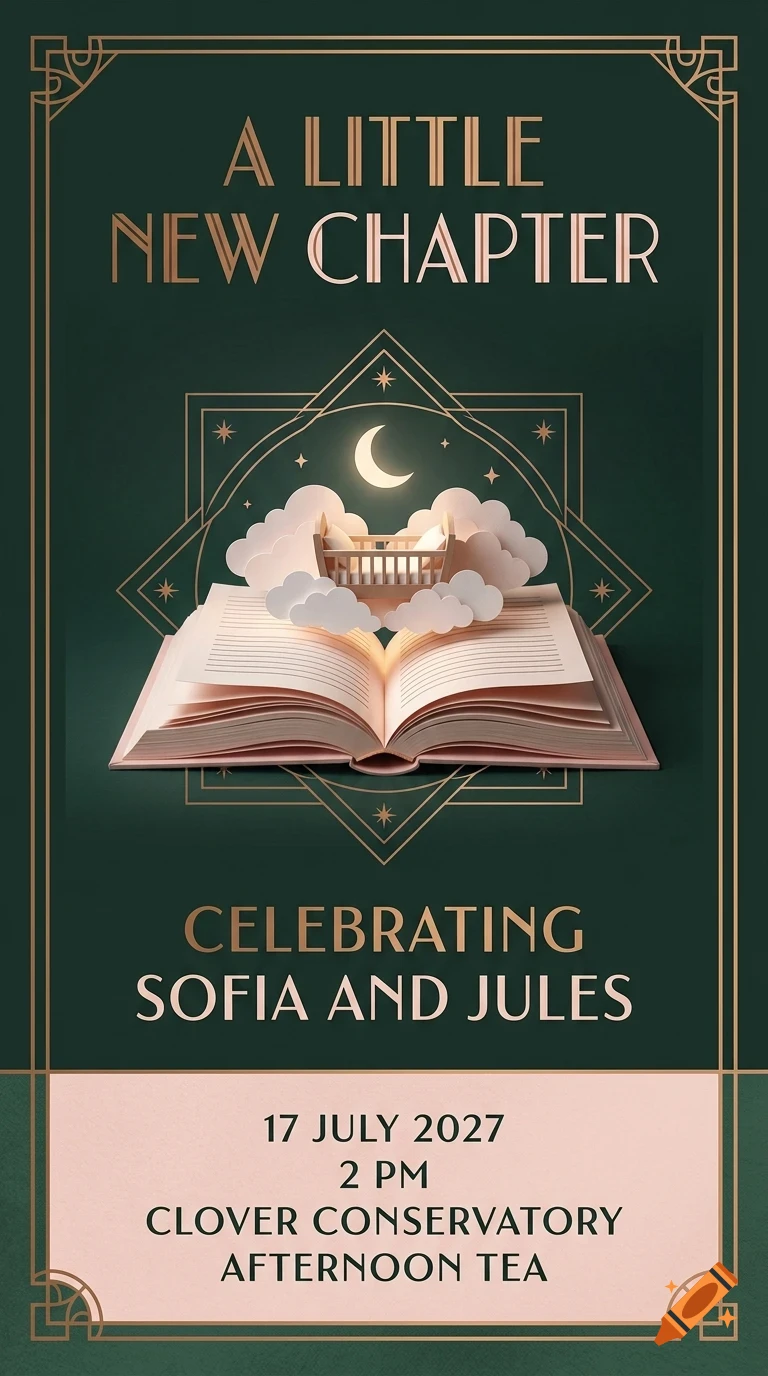 An invitation card with dark green background and gold art deco frame, featuring an open book with paper clouds, a crib, and a crescent moon, and the text A Little New Chapter, Celebrating Sofia and Jules.