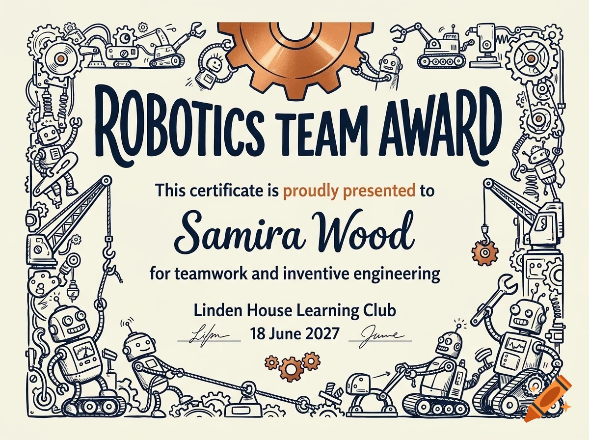 A decorative certificate titled 'Robotics Team Award' featuring line-drawn robots, gears, and machinery framing the text.