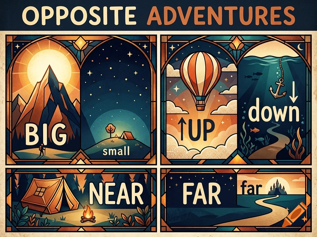 An educational poster titled OPPOSITE ADVENTURES showing panels illustrating opposites like big and small, up and down, near and far.