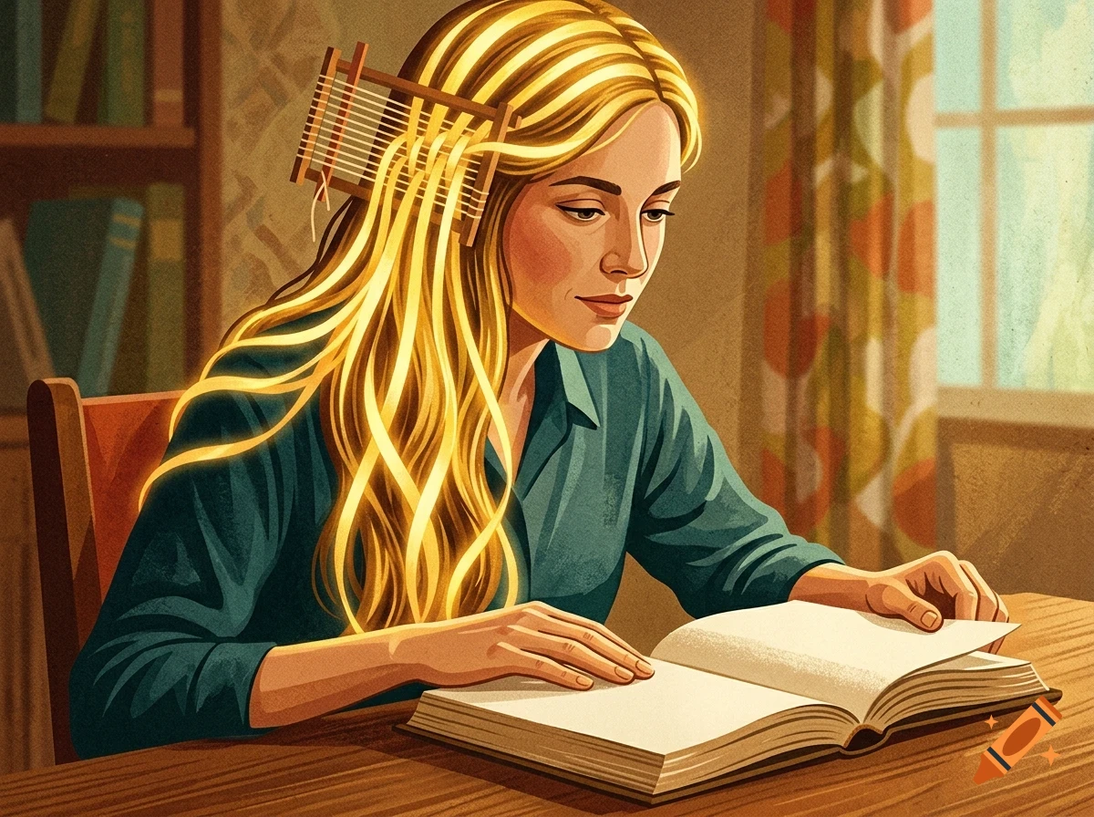An illustration of a blonde woman sitting at a wooden table, reading an open book, with a small loom woven into her luminous blonde hair.