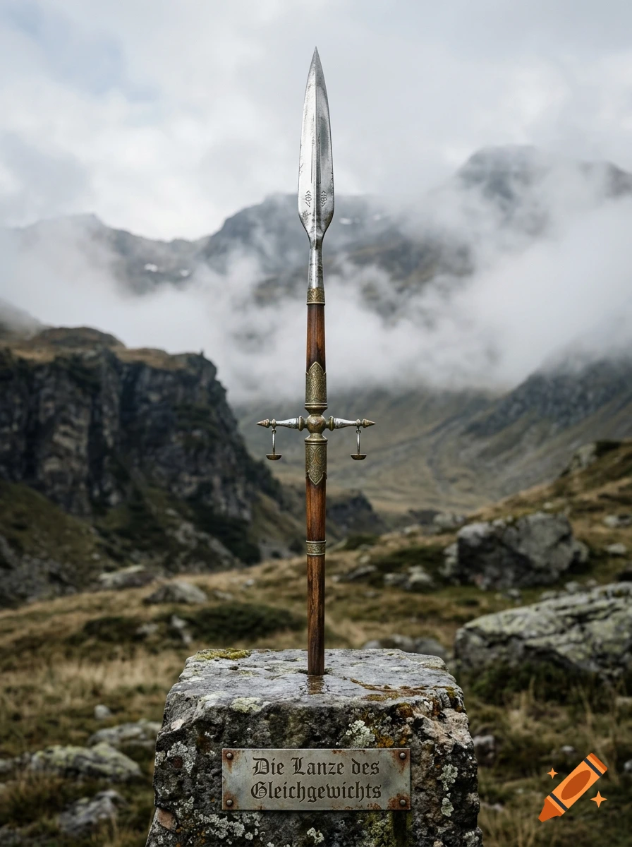 Photorealistic image of a spear planted in a stone pillar in a mountainous landscape, with the text 'Die Lanze des Gleichgewichts' on a plaque.