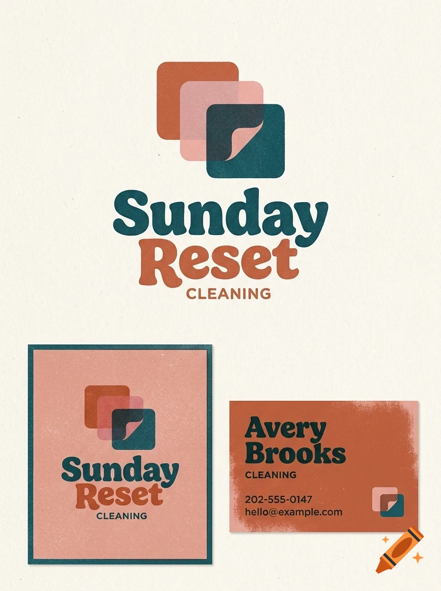Branding design for Sunday Reset Cleaning featuring overlapping rounded squares and retro typography on stationary.