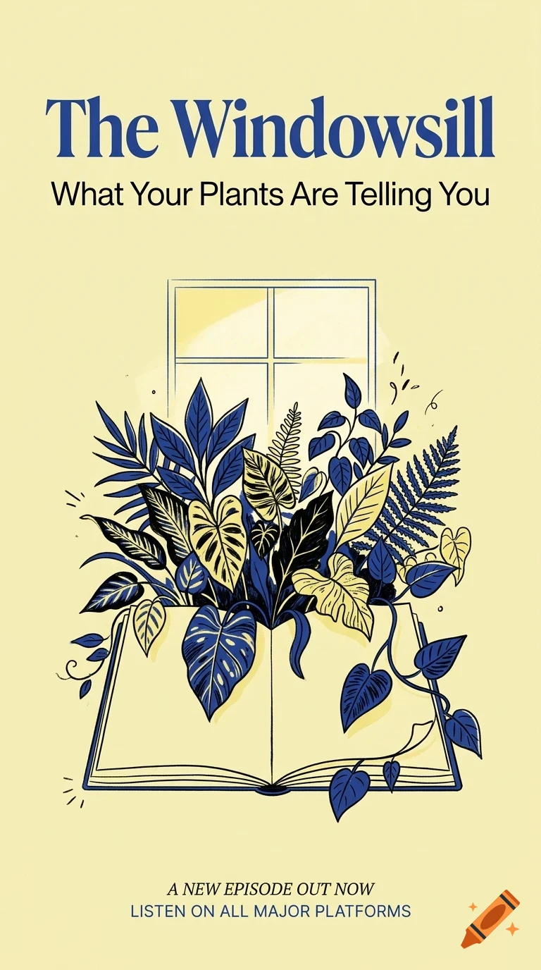 An illustrated poster with the text The Windowsill and What Your Plants Are Telling You, showing various potted plants sprouting from an open book beneath a window.