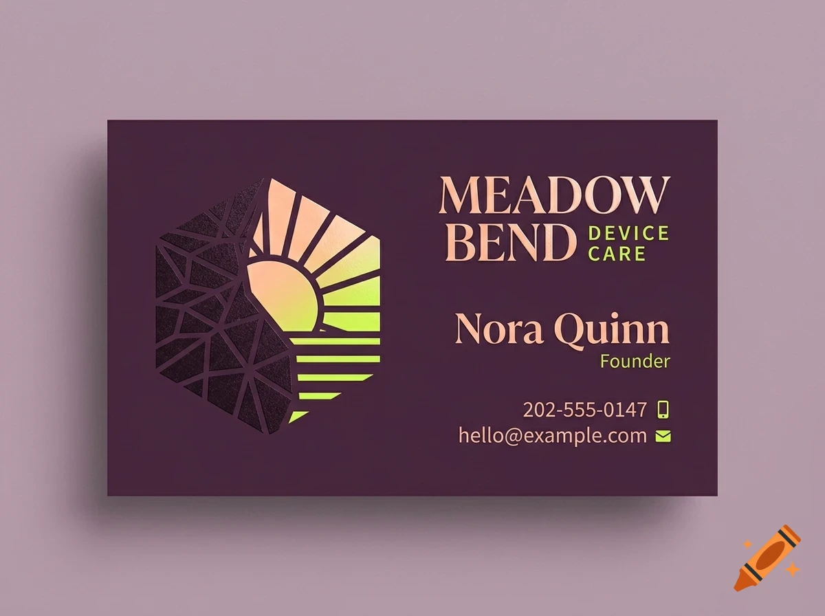 A business card with a purple background featuring a stylized sunset logo in a hexagon and text for Meadow Bend Device Care.