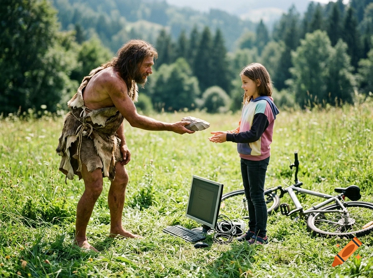Photorealistic image of a caveman in animal skins handing a stone axe to a young girl standing next to a computer and bicycle in a green meadow.