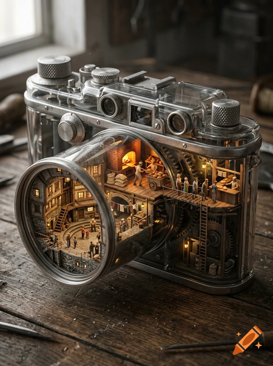 A miniature world inside a transparent vintage camera, showing a bustling village scene within the lens and a bakery inside the camera body.