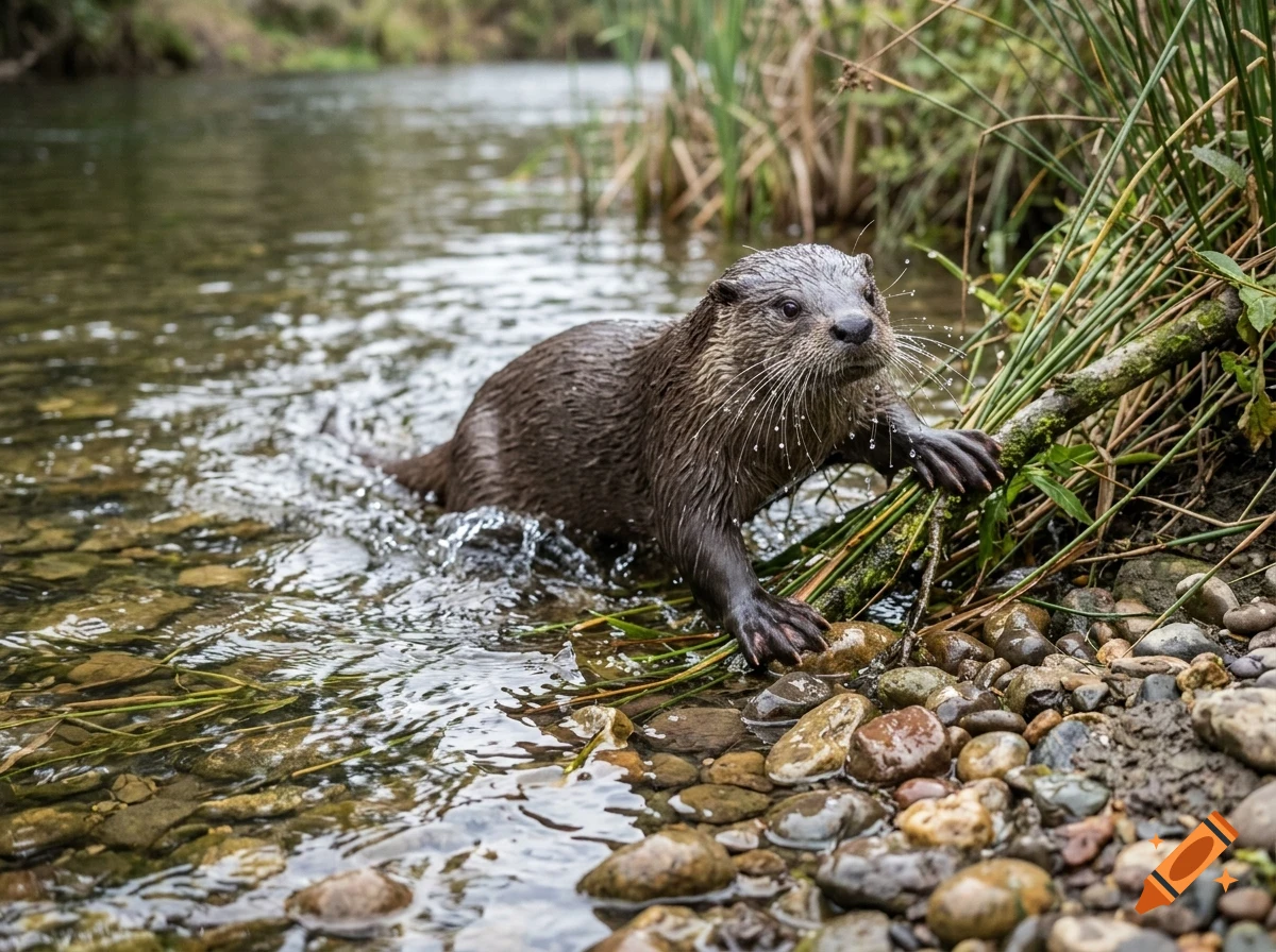 An otter in a shallow river, grasping a stick near the bank.
