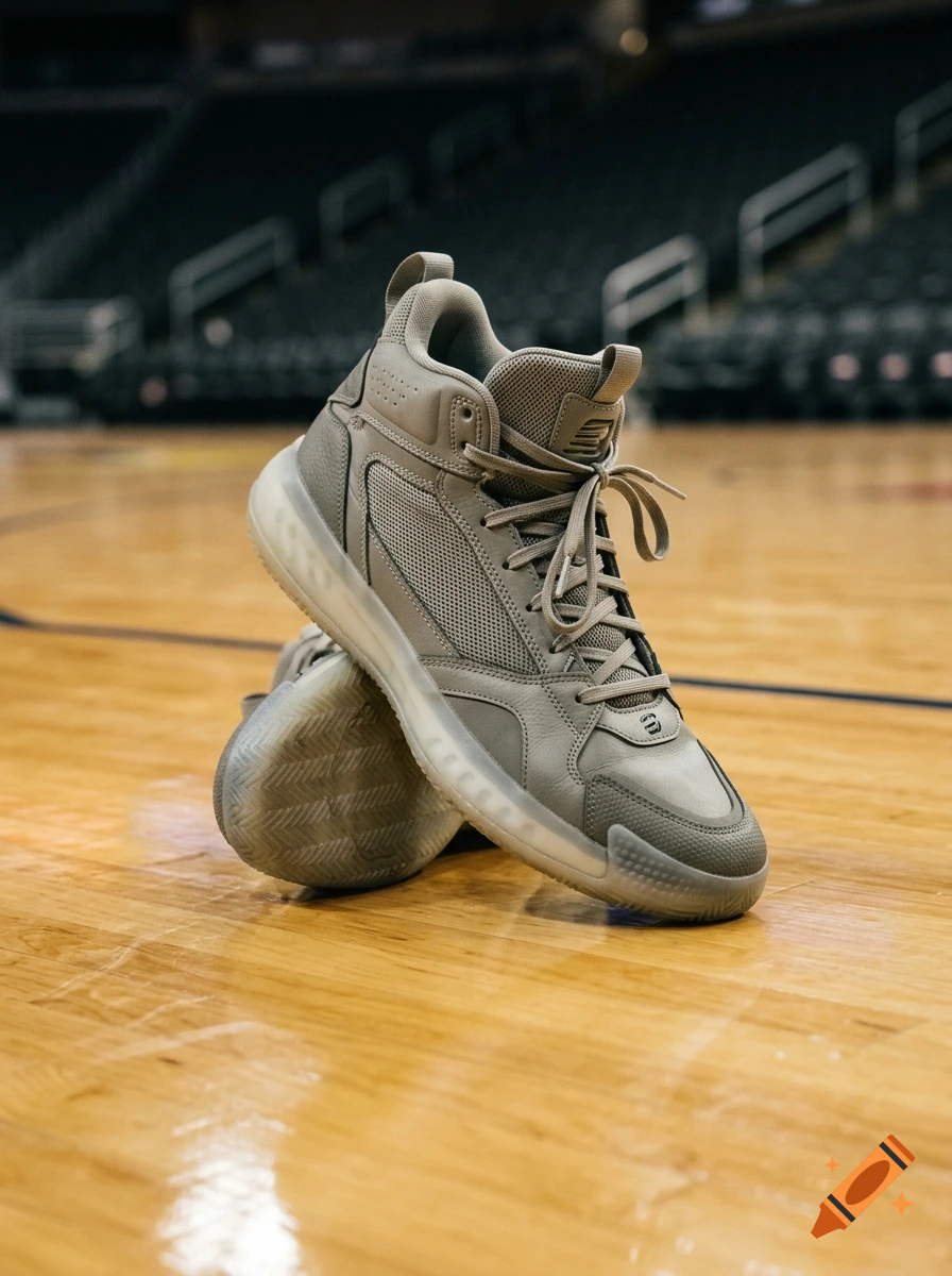 Photorealistic close-up of a high-top basketball sneaker resting on a wooden court in an empty arena.