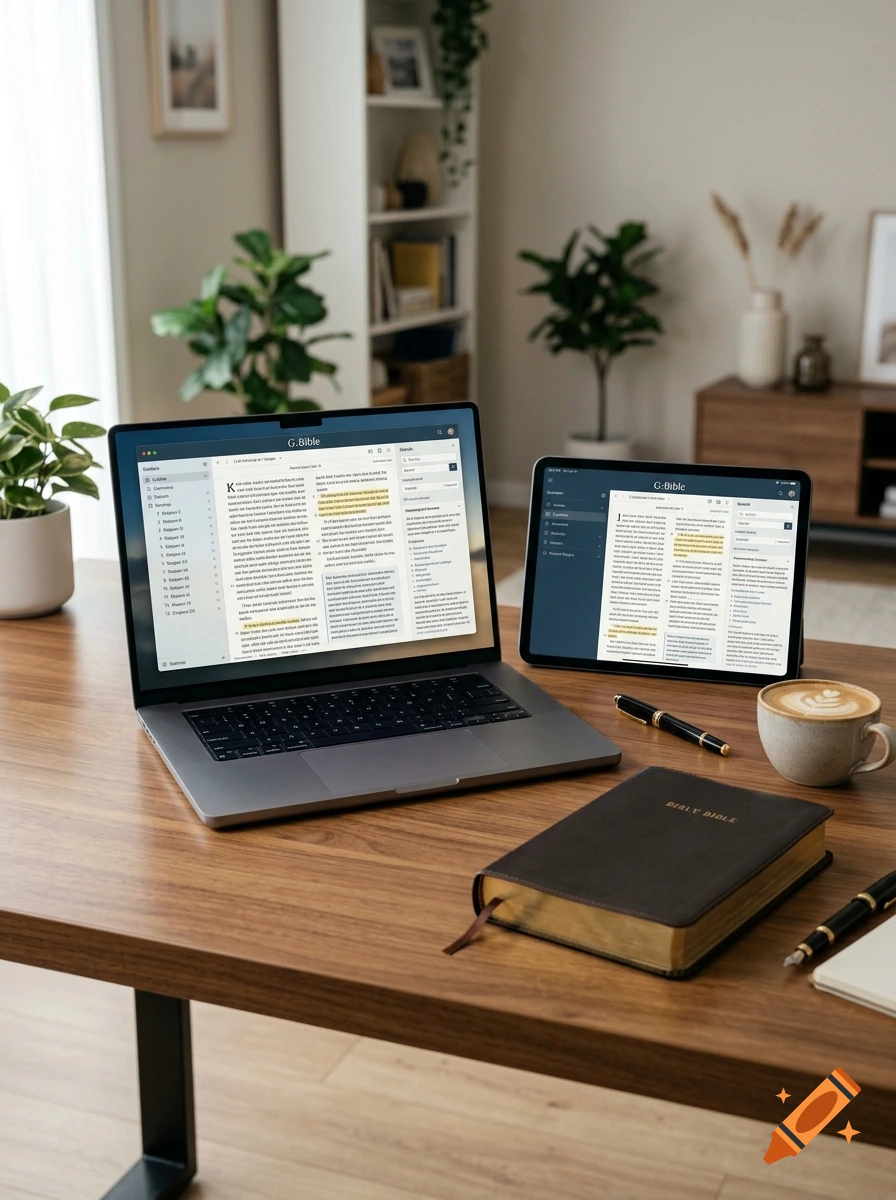 Photorealistic workspace with a laptop showing Bible software, a tablet, a coffee cup, and a closed Bible on a wooden desk.