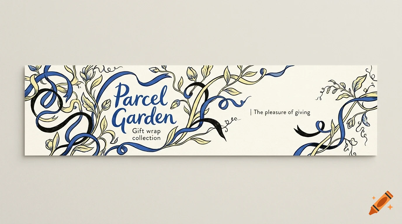An illustration of blue and yellow ribbons intertwined with leaves and the text Parcel Garden Gift wrap collection