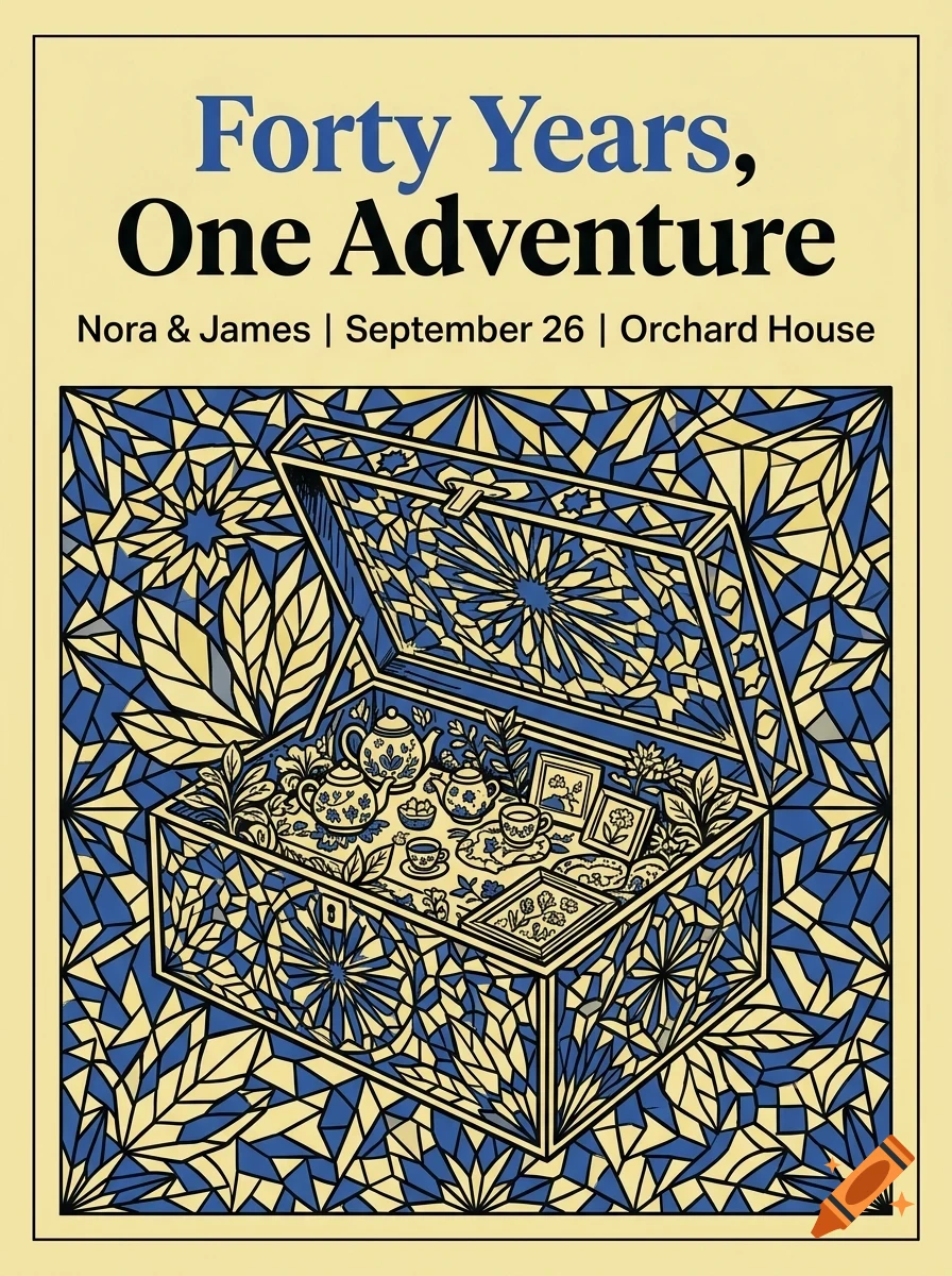 An illustrated poster with blue and yellow patterns, featuring an open chest filled with teapots and cups, and text reading Forty Years, One Adventure.