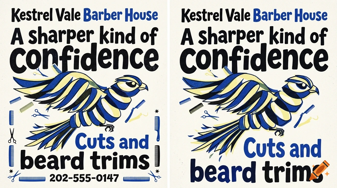A poster design for Kestrel Vale Barber House featuring a striped blue and yellow bird and barber tools.