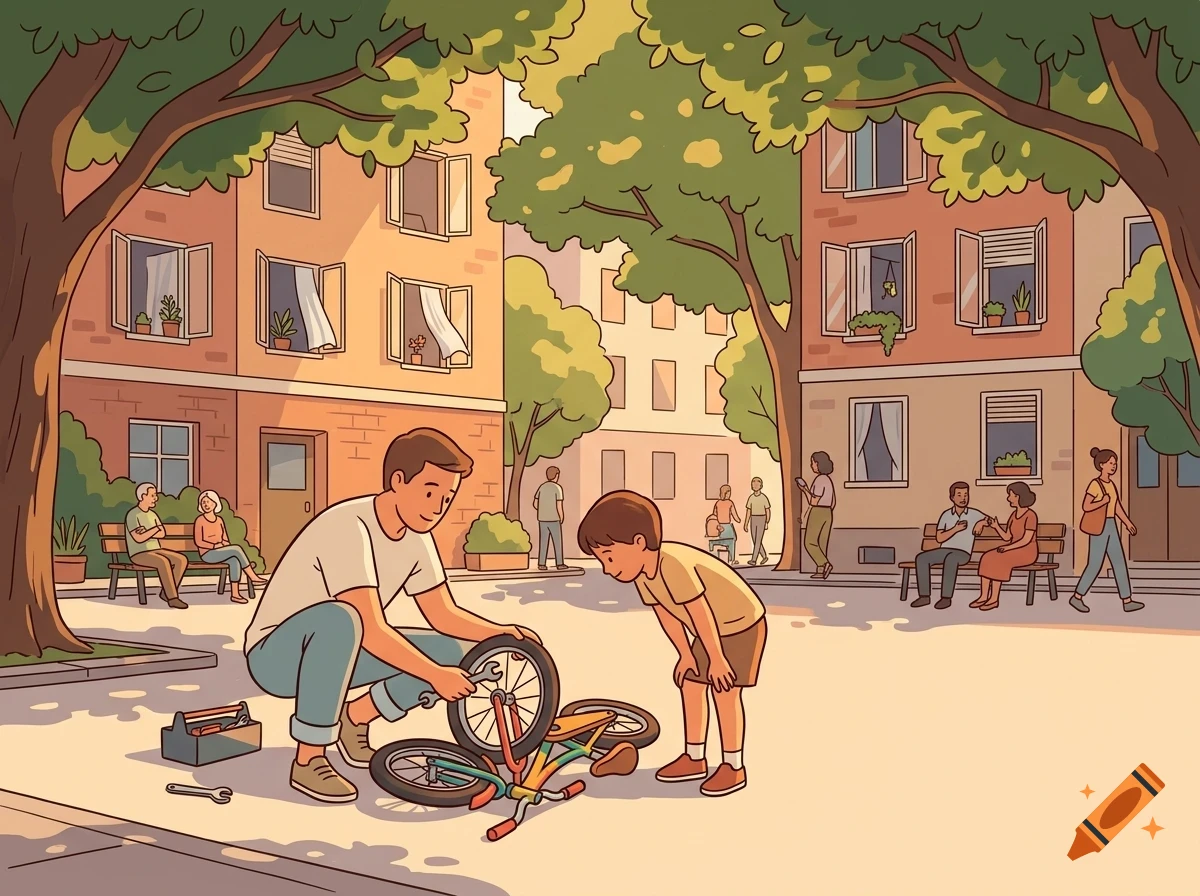 An illustration of a man fixing a child's bicycle in a sunny city street lined with buildings and trees.